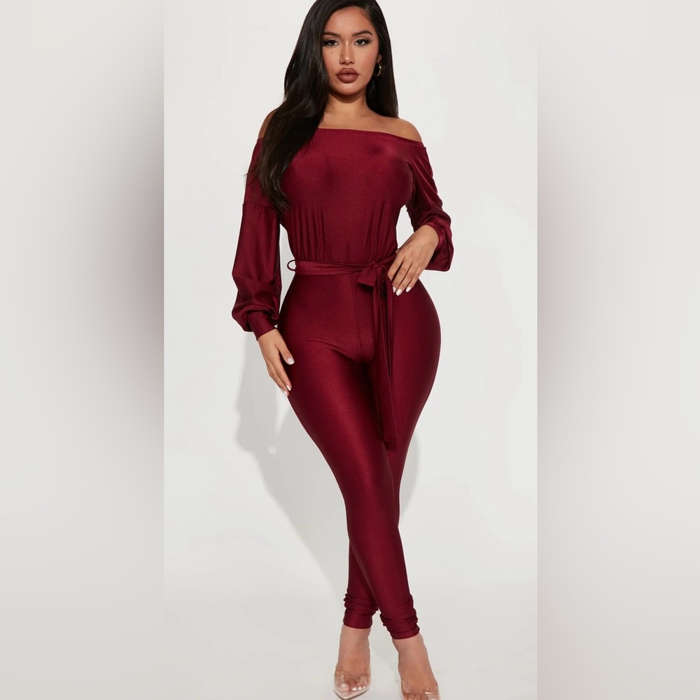 Fashion Nova Kasey Off Shoulder Burgundy Jumpsuit size XS